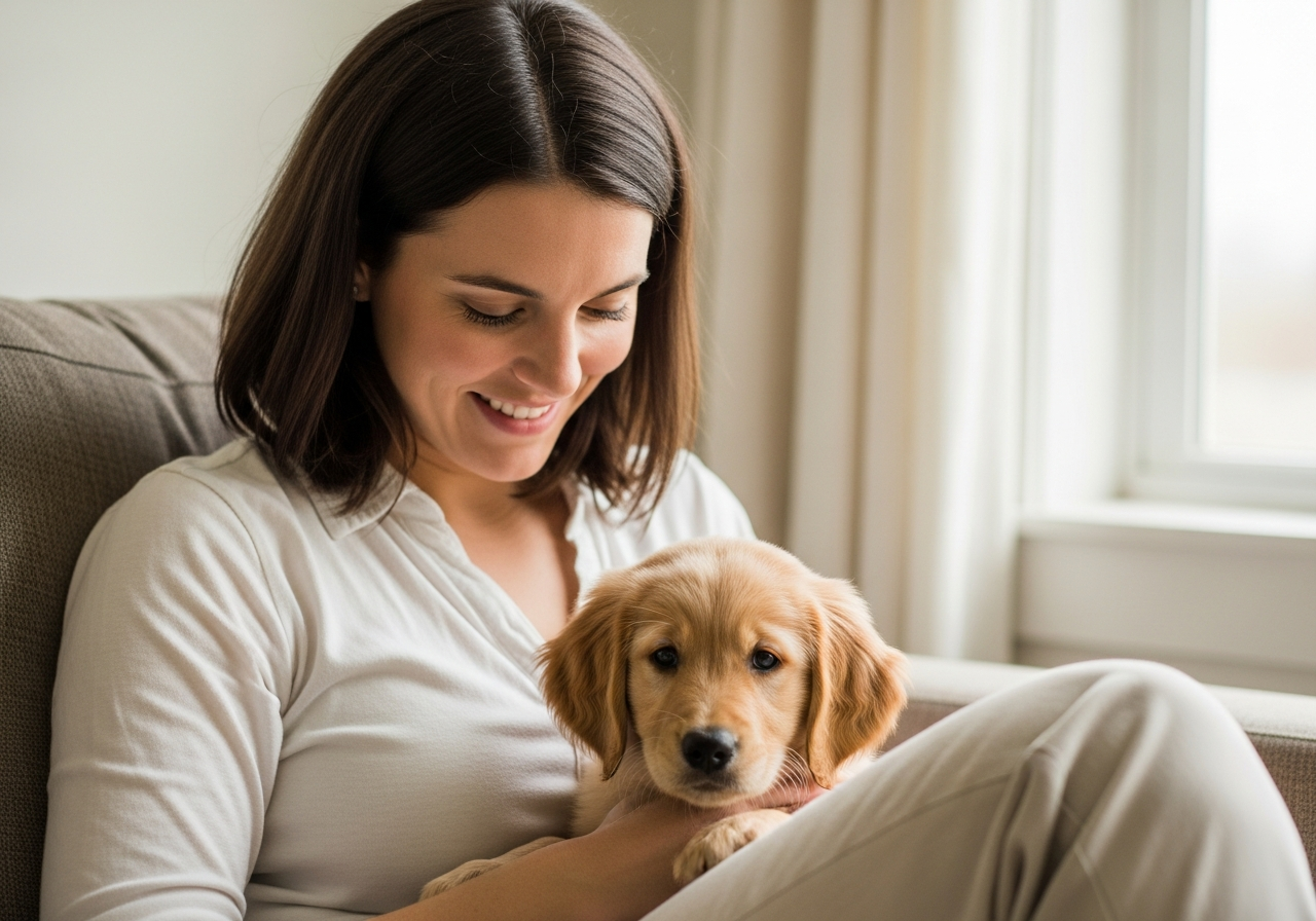 A pet owner sitting on a sofa with her golden retriever puppy