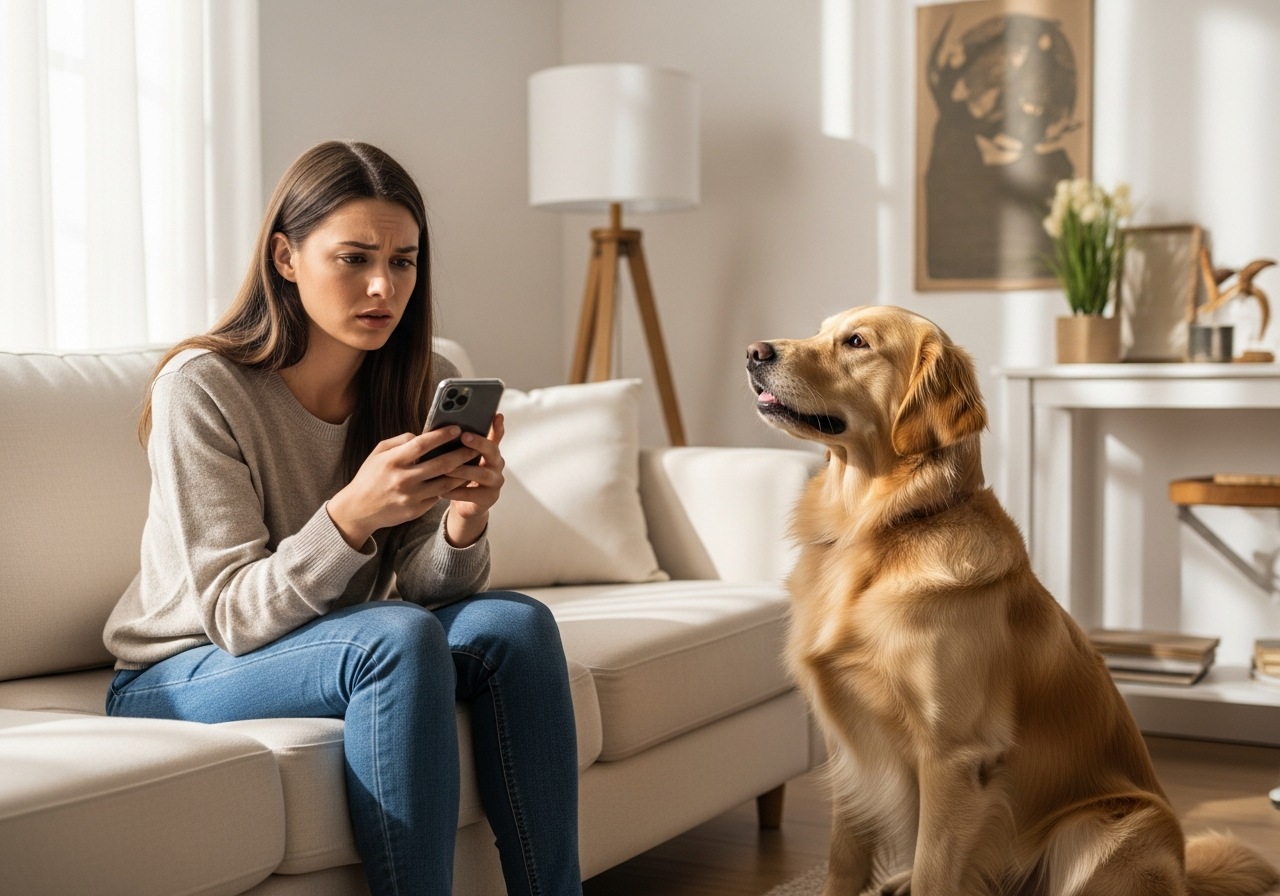 Pet owner on sofa looking at phone with golden retriever beside her